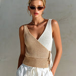 ElevenOra Chic Elegant Camel-White Colorblock V-Neck Sleeveless Slim-Fit Tie-Waist Knit Vest Top