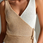 ElevenOra Chic Elegant Camel-White Colorblock V-Neck Sleeveless Slim-Fit Tie-Waist Knit Vest Top