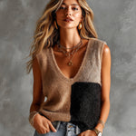 ElevenOra Chic Elegant Camel-Black Colorblock V-Neck Sleeveless Loose-Fit Fuzzy Knit Vest Top