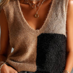 ElevenOra Chic Elegant Camel-Black Colorblock V-Neck Sleeveless Loose-Fit Fuzzy Knit Vest Top