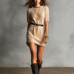 ElevenOra Chic Elegant Camel Round-Neck Short-Sleeve PU Belted Loose-Fit H-Shaped Fuzzy Knit Mini Dress