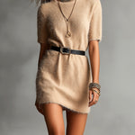 ElevenOra Chic Elegant Camel Round-Neck Short-Sleeve PU Belted Loose-Fit H-Shaped Fuzzy Knit Mini Dress