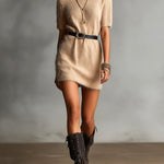 ElevenOra Chic Elegant Camel Round-Neck Short-Sleeve PU Belted Loose-Fit H-Shaped Fuzzy Knit Mini Dress