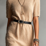 ElevenOra Chic Elegant Camel Round-Neck Short-Sleeve PU Belted Loose-Fit H-Shaped Fuzzy Knit Mini Dress