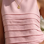 ElevenOra Chic Elegant Pink Cotton-Linen Blend Round-Neck Sleeveless Regular-Fit Patchwork Detail Vest Top