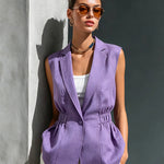 ElevenOra Chic Elegant Purple Cotton-Linen Blend Notched-Collar Sleeveless Single-Breasted Elastic-Waist Loose-Fit Vest