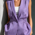 ElevenOra Chic Elegant Purple Cotton-Linen Blend Notched-Collar Sleeveless Single-Breasted Elastic-Waist Loose-Fit Vest