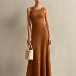 ElevenOra Chic Elegant Caramel Brown Stripes Round-Neck Sleeveless Tailored-Waist A-Line Knit Maxi Dress