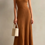 ElevenOra Chic Elegant Caramel Brown Stripes Round-Neck Sleeveless Tailored-Waist A-Line Knit Maxi Dress