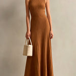 ElevenOra Chic Elegant Caramel Brown Stripes Round-Neck Sleeveless Tailored-Waist A-Line Knit Maxi Dress