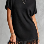 ElevenOra Chic Elegant Black Round-Neck Short-Sleeve Fringe Detail Loose-Fit Knit Mini Dress