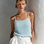 ElevenOra Chic Elegant Light Blue Spaghetti Straps Square-Neck Sleeveless Loose-Fit Textured Knit Camisole