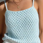 ElevenOra Chic Elegant Light Blue Spaghetti Straps Square-Neck Sleeveless Loose-Fit Textured Knit Camisole
