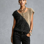 ElevenOra Chic Elegant Black-Camel Colorblock Square-Neck Cap Sleeve Loose-Fit Fuzzy Knit Vest Top