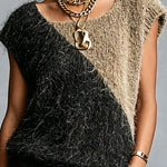 ElevenOra Chic Elegant Black-Camel Colorblock Square-Neck Cap Sleeve Loose-Fit Fuzzy Knit Vest Top
