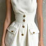 ElevenOra Chic Elegant White Round-Neck Lace Trim Sleeveless Gold Button-Up Patch Pockets High Waist A-Line Woven Fabric Mini Dress