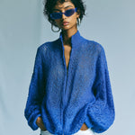 ElevenOra Chic Elegant Royal Blue Stand Collar Long-Sleeve Zipper-Front Loose-Fit Mesh Knit Cardigan