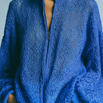 ElevenOra Chic Elegant Royal Blue Stand Collar Long-Sleeve Zipper-Front Loose-Fit Mesh Knit Cardigan