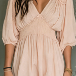 ElevenOra Chic Elegant Dusty Pink V-Neck Ruffle Detail Half Sleeve Smocked Waist A-Line Crinkle Chiffon Mini Dress
