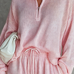 ElevenOra Chic Elegant Pink Stand Collar Zipper-Up Long Sleeve Loose-Fit Knit Sweater Top Drawstring-Waist Shorts Two-Piece Set