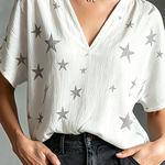 ElevenOra Chic Elegant White Crinkle Woven Fabric Charcoal Gray Star Print V-Neck Short-Sleeve Loose-Fit Shirt Top