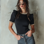 ElevenOra Chic Casual Black Round-Neck Contrast Ruffle Trim Short-Sleeve Slim-Fit Ribbed Knit Sweater Top