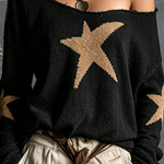 ElevenOra Chic Casual Black Off Shoulder Camel Star Jacquard  Long Sleeve Loose-Fit Knit Sweater Top