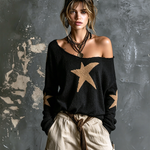 ElevenOra Chic Casual Black Off Shoulder Camel Star Jacquard  Long Sleeve Loose-Fit Knit Sweater Top