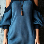 ElevenOra Chic Elegant Blue Cold Shoulder Contrast Trim Balloon Sleeve Loose-Fit  Ribbed Knit Mini Dress