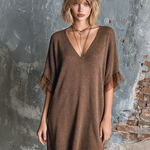 ElevenOra Chic Elegant Brown V-Neck Chiffon Ruffle Short-Sleeve Loose-Fit Knit Mini Dress