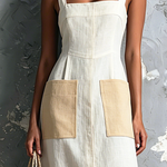 ElevenOra Chic Elegant Off White Wide Strap Square-Neck Contrast Patch Pocket Sleeveless A-Line Cotton-Linen Blend Midi Dress