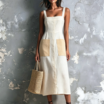 ElevenOra Chic Elegant Off White Wide Strap Square-Neck Contrast Patch Pocket Sleeveless A-Line Cotton-Linen Blend Midi Dress
