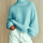 ElevenOra Chic Vintage Baby Blue Turtleneck Textured Knit Fuzzy Slouchy Sweater