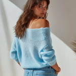 ElevenOra Chic Vintage Blue One Shoulder Long Sleeve Slim Fit Fuzzy Knit Sweater