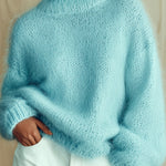 ElevenOra Chic Vintage Baby Blue Turtleneck Textured Knit Fuzzy Slouchy Sweater