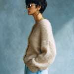 ElevenOra Chic Vintage Light Camel V-Neck Single-Breasted Long Sleeve Loose-Fit Fuzzy Knit Cardigan Top