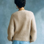 ElevenOra Chic Vintage Light Camel V-Neck Single-Breasted Long Sleeve Loose-Fit Fuzzy Knit Cardigan Top