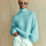 ElevenOra Chic Vintage Baby Blue Turtleneck Textured Knit Fuzzy Slouchy Sweater