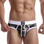2 Pack Men's Sexy Sheer Camouflage Print Mesh Low-Rise Breathable & Quick-Dry Briefs