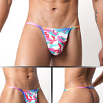 4 Pack Men's Low Rise Fashion Mesh Rainbow Camo Print Thongs