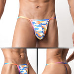 4 Pack Men's Low Rise Fashion Mesh Rainbow Camo Print Thongs