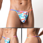 4 Pack Men's Low Rise Fashion Mesh Rainbow Camo Print Thongs