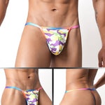 4 Pack Men's Low Rise Fashion Mesh Rainbow Camo Print Thongs