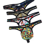 3 Pack Men's Low-Rise Breathable Ice Silk Print Sexy U-Pouch Thongs