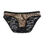 2 Pack Men's Low-Rise Lace-Patched Leopard Print sheer Stretch U-Pouch Bikini