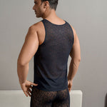 Men's High Elastic Leopard Print Lace Hollow Out Breathable Ice Silk Activewear Top
