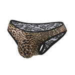 2 Pack Men's Low-Rise Lace-Patched Leopard Print sheer Stretch U-Pouch Bikini