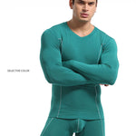 Men's Round Neck Solid Color Bamboo Fiber Thermal Underwear Set