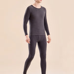 Men's Antibacterial Thickened Brushed Slimming Horizontal Stripe Design Thermal Sets