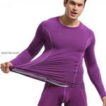 Men's Round Neck Solid Color Bamboo Fiber Thermal Underwear Set